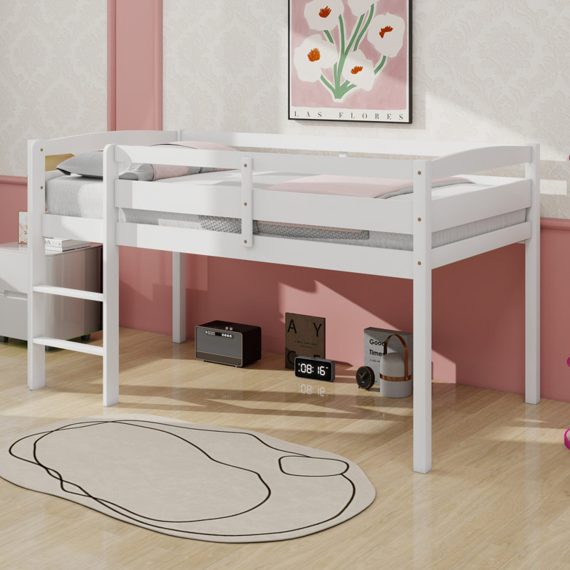 Lit mezzanine bas en bois avec échelle, Blanc