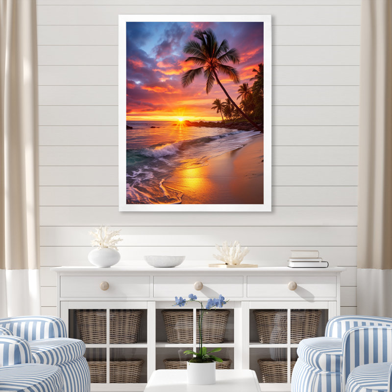 Photo de plage Sunset Sunset Serenade - Décoration murale nautique et plage, L 12 po x H 20 po x P 1 po, Cadre simple blanc