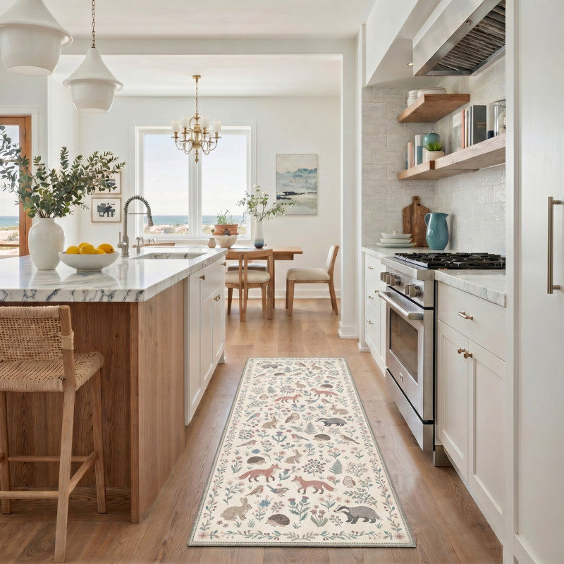 Rustic Woodland Creatures Machine Washable Oatmeal Beige Indoor Area Rug With Non-Slip Backing, Runner 2'5" x 8'