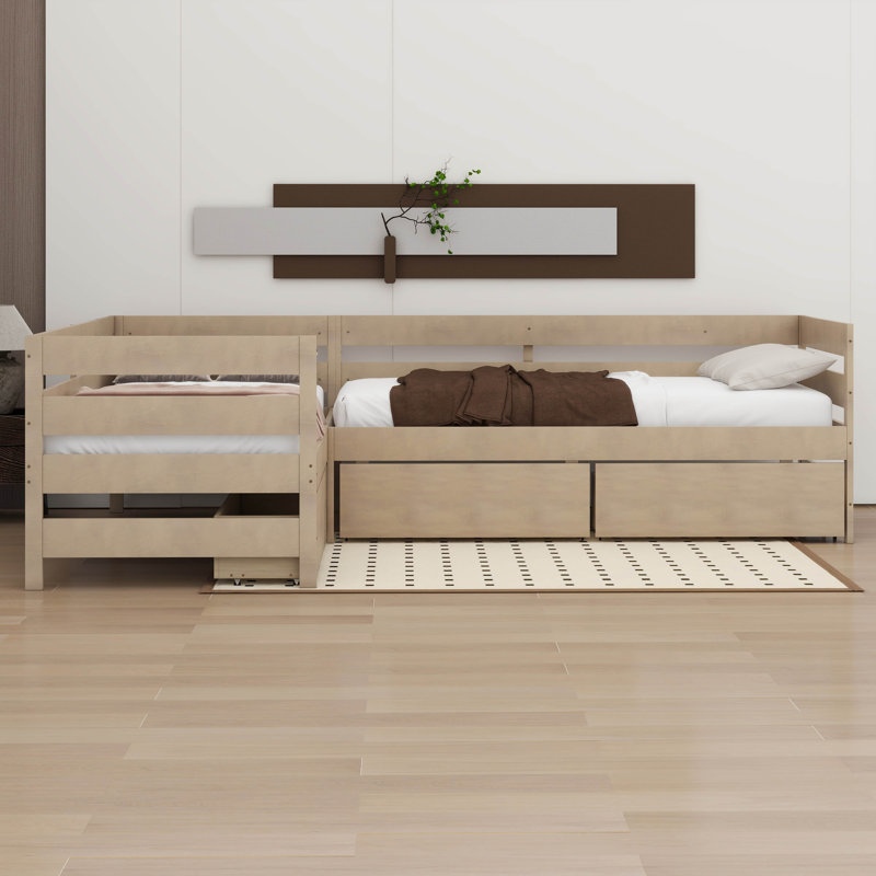 Twin Size L-Shaped Bed Frame With Drawers And Space-Saving 2 Beds In 1 Design, Natural