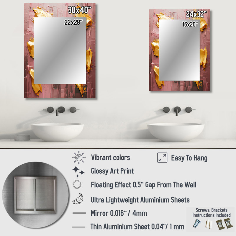 «Celebrating Destiny Abstract Gold and Pink III», peinture abstraite, miroir mural doré, reproduction d'art en métal
