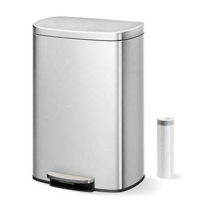 Poubelle 50L en acier inoxydable avec couvercle à fermeture en douceur, poubelle de cuisine antirouille avec seau intérieur et poignée arrière, poubelle en métal argenté