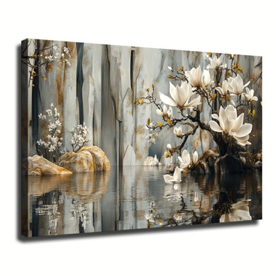 Magnolia blanc en fleurs se reflétant dans l'eau, grand format, toile tendue sur châssis, idéal pour le salon ou la chambre.