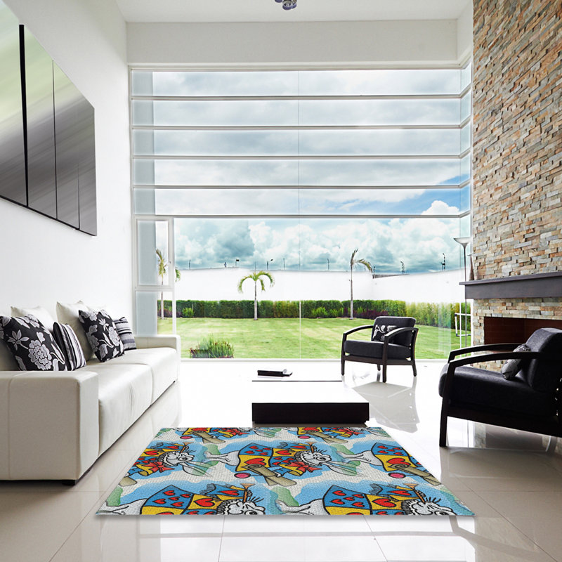 Tapis bleu/rouge à motifs, Carré 8 pi