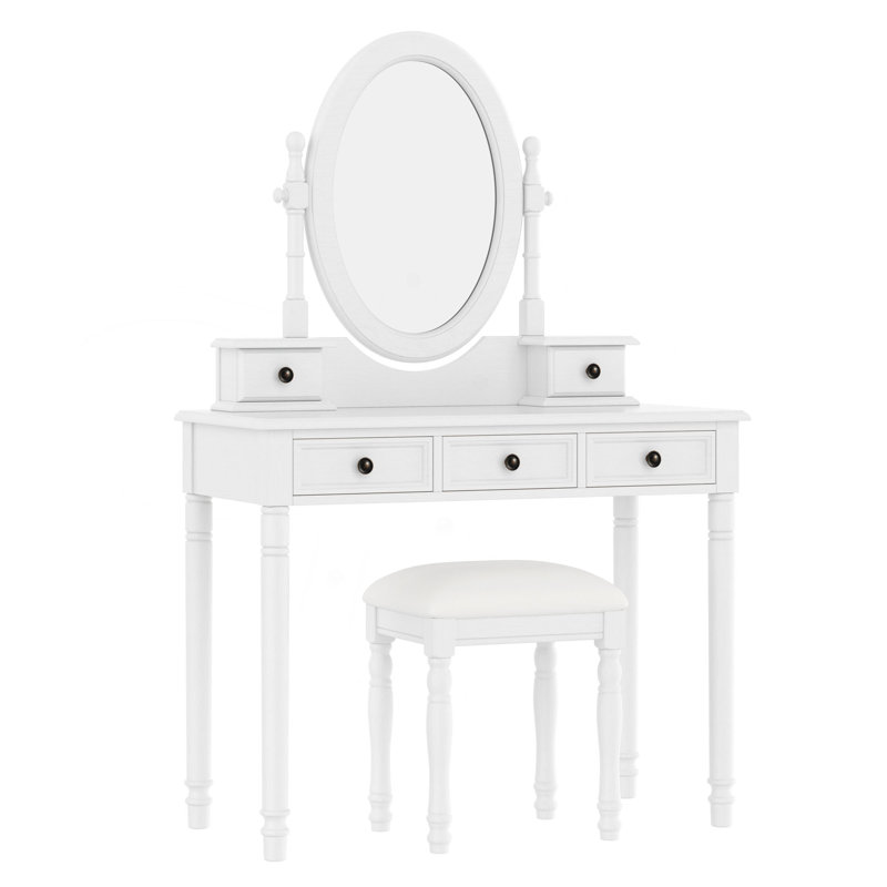 Ensemble de coiffeuse avec miroir à angle réglable, ensemble de coiffeuse et tabouret rembourré avec doublure en velours 5 tiroirs, ensemble de coiffeuse en bois pour la chambre à coucher