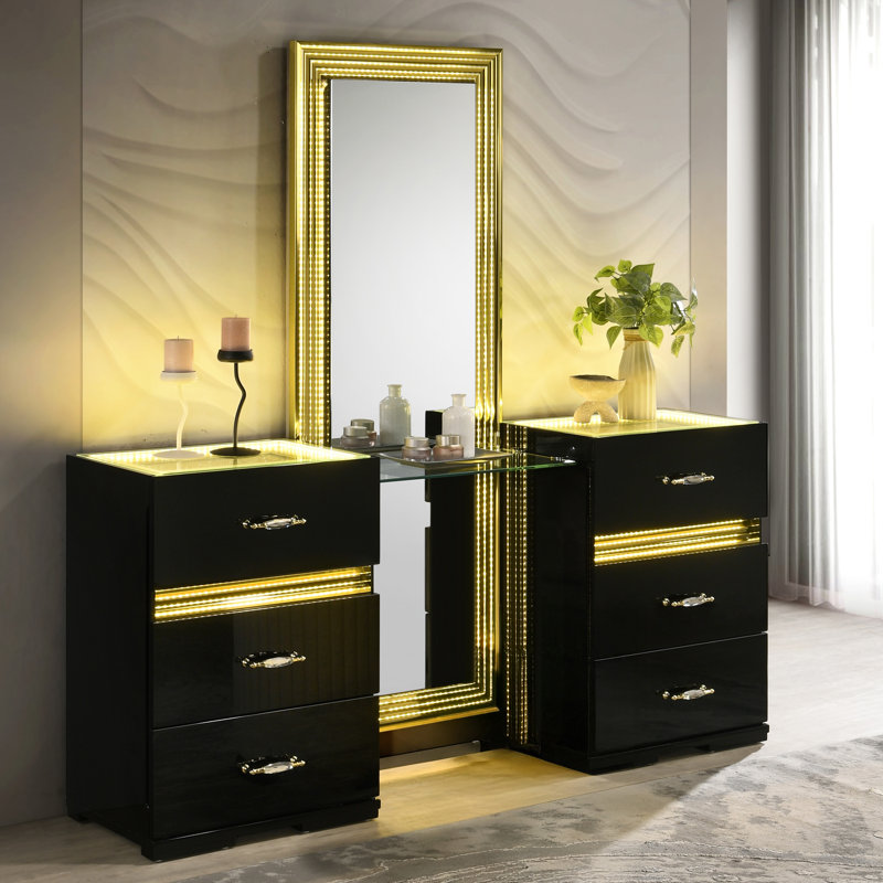 Brigette 6-Drawer Vanity, Mirror With Gold Shimmer Accent From Led, Black