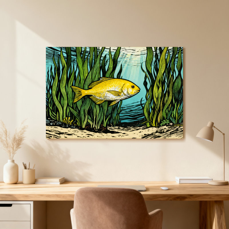 Animal Underwater Scene With Yellow Fish And Seaweed, 16" H x 24" W, Wrapped Canvas, Does Not Apply