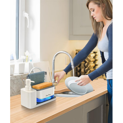 Distributeur de savon pour les mains et la vaisselle avec plateau, distributeur double de savon avec porte-éponge et porte-torchon, organisateur 5 en 1 pour évier et comptoir - Accessoires de cuisine pratiques