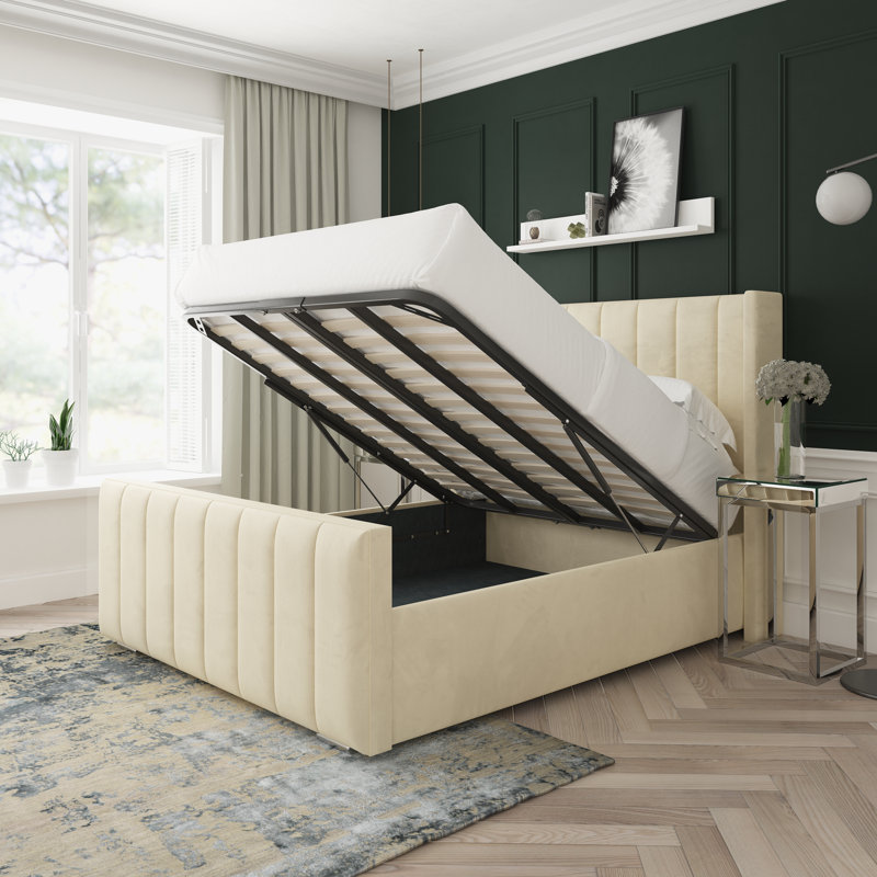 Aspen Plush Velvet Upholstered Ottoman Bed Frame, Cream, Double (4'6)