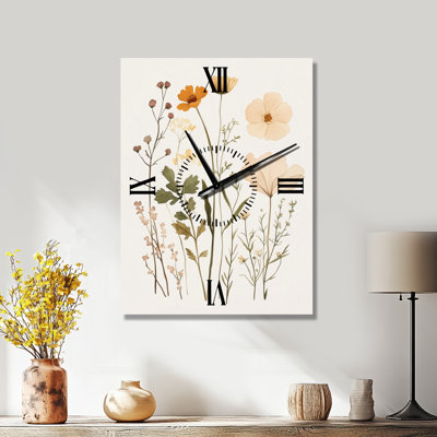 Fleurs sauvages de l'Herbier I - Horloge murale botanique en métal beige