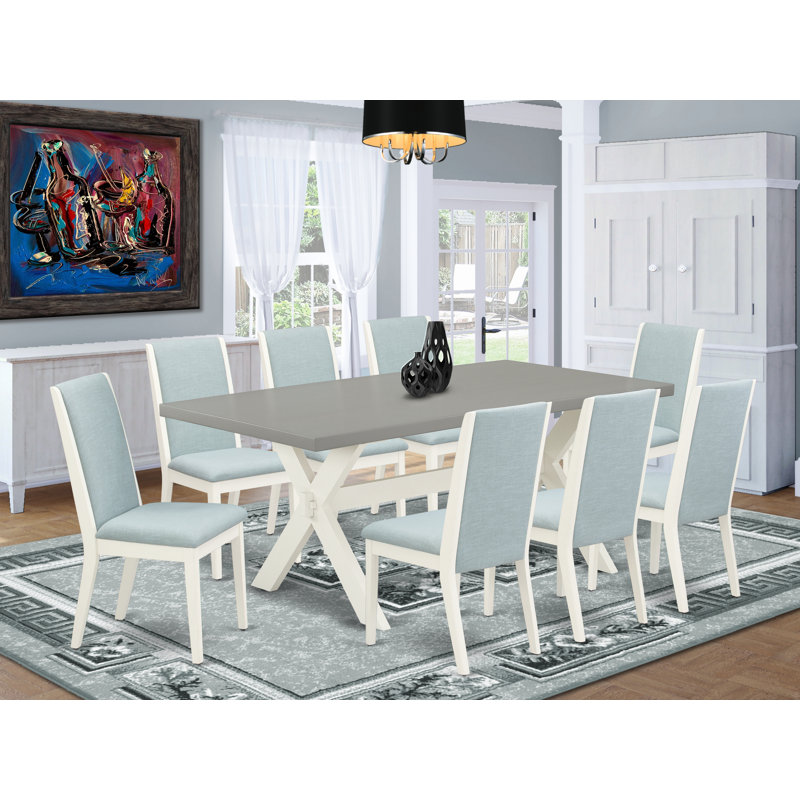 Ensemble de table de cuisine 9 pièces comprenant une table de salle à manger rectangulaire avec pieds en X et 8 chaises de salle à manger Parsons en tissu bleu bébé, lin blanc