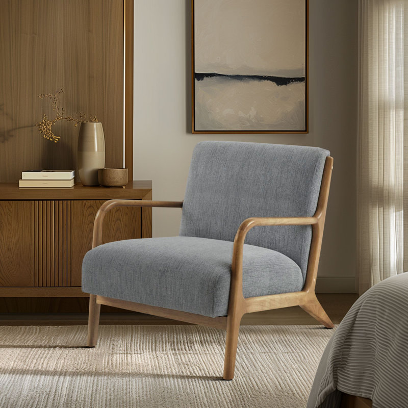 Fauteuil Novak rembourré Mid-Century avec accoudoirs et structure en bois, gris, Mélange de polyester gris