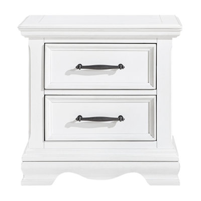 Charming White 2-Drawer Nightstand with Durable Wood & Black Handles – Classic Bedside Table