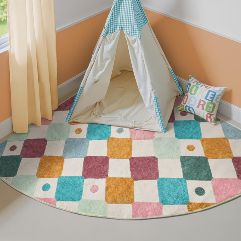 Colorful Diamond for Kids Washable Non-slip Rug Confetti on Cream, Corner 5' x 5', Argyle Confetti