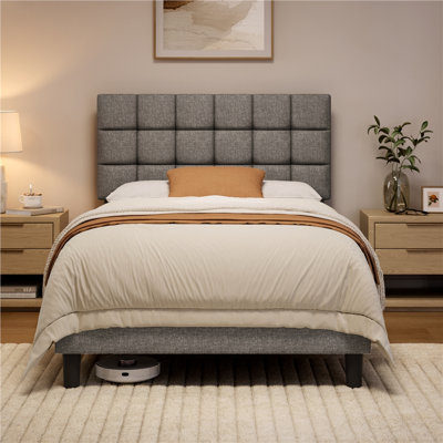 Size Modern Upholstered Bed Frame with Adjustable Square Tufted Headboard