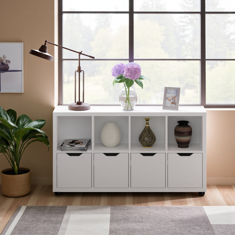Ickes 4-Storage Cabinet With Open Shelves in White Finish, 25.87'' H X 48.11'' W X 11.44'' D