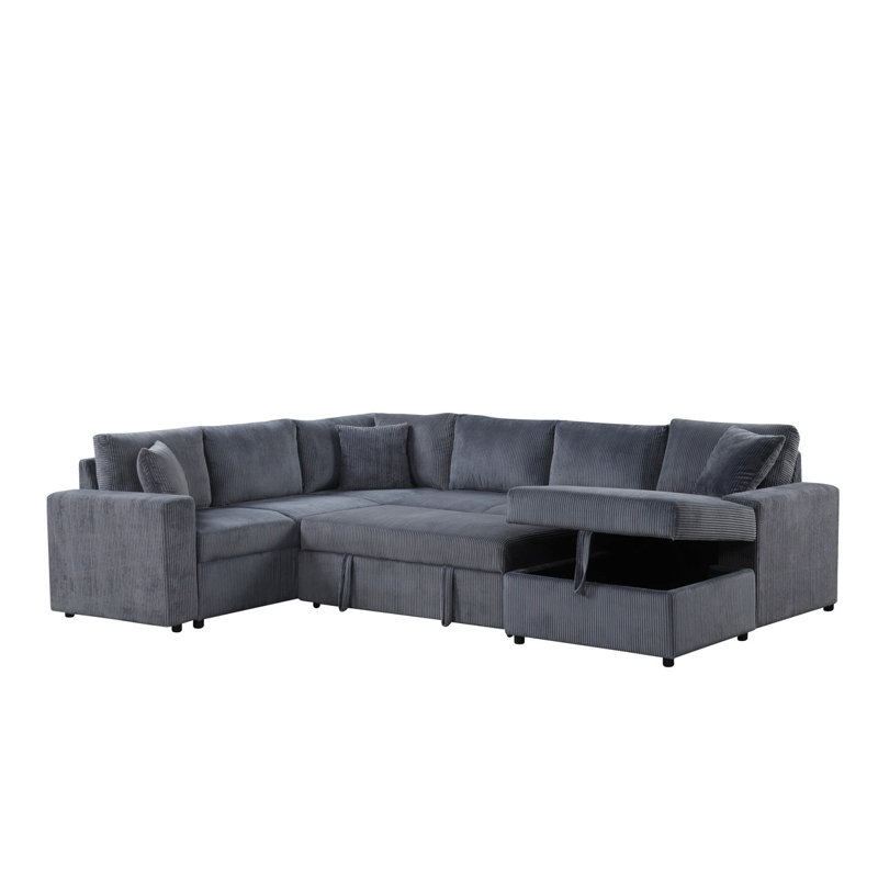 123"W Gray Corduroy Sleeper Sectional Sofa With Right-Facing Storage Chaise And Throw Pillows, Gray Corduroy