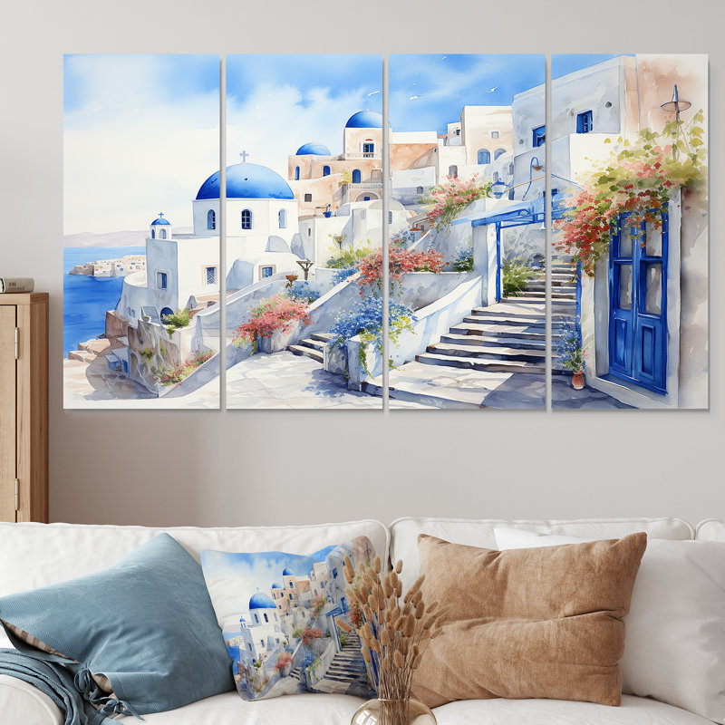 Ensemble de 4 décorations murales bleues et blanches Santorini Village I - Grèce, H 28 po x l 48 po