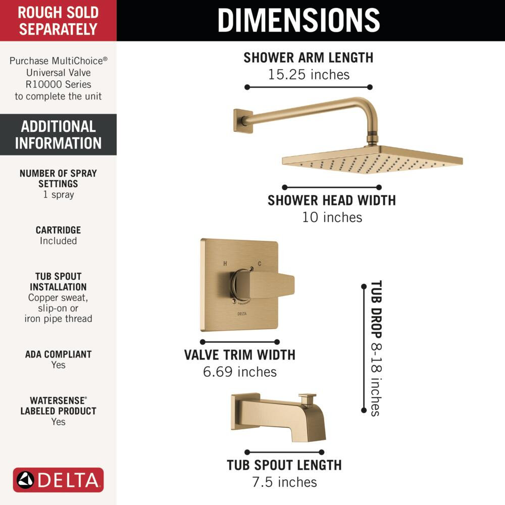Raincan Square Tub and Shower Faucet Set, Champagne Bronze