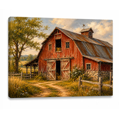 Country Path Retreat Wrapped Canvas Wall Art, Red Barn Farmhouse Print