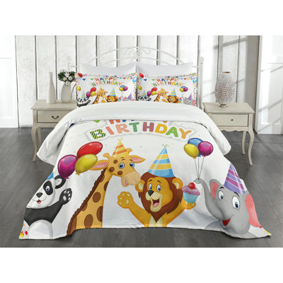 Ambesonne Birthday Bedspread Set 3 Pcs Cartoon Animals Party Queen Multicolor