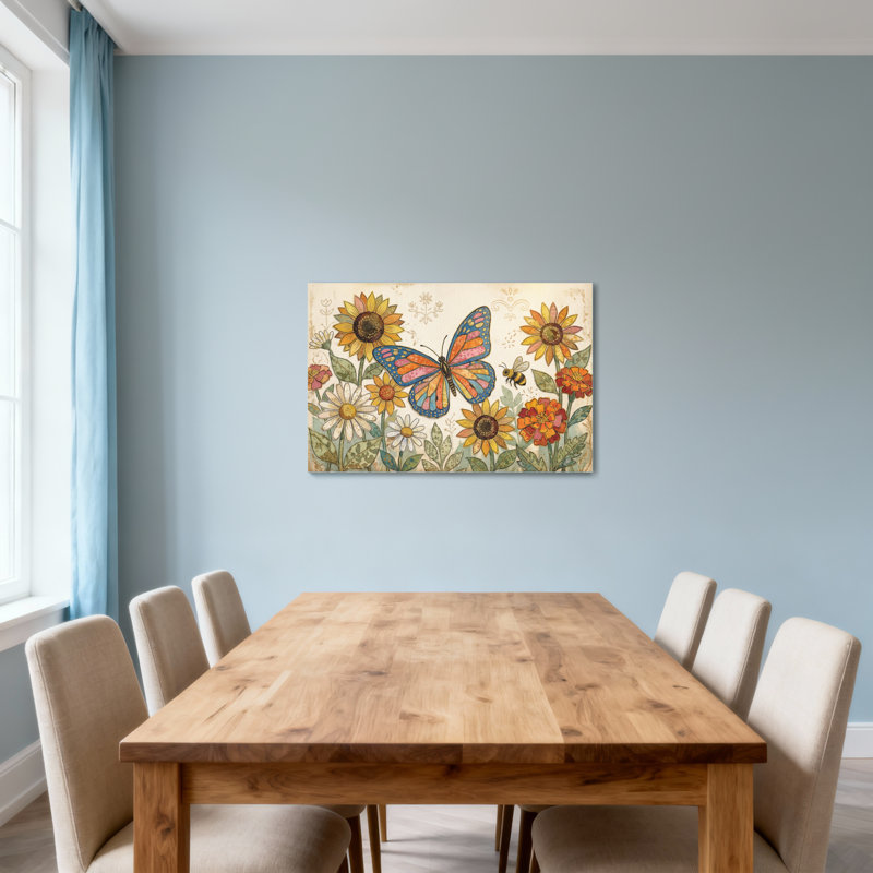 Animaux, papillon, tournesols, marguerites, abeille, impression florale, H 12 po x l 18 po