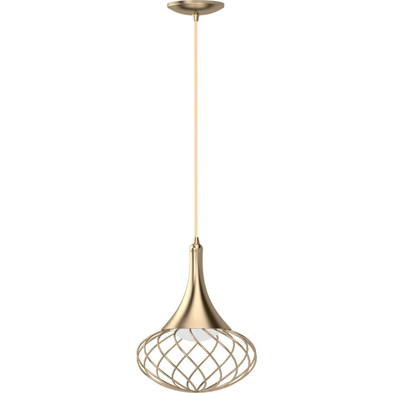 1-Light Integrated LED Indoor Antique Gold Hanging Mini Pendant with White Acrylic Lens and Oval Caged Wire Sphere