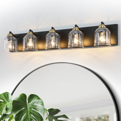 Modern Farmhouse Dimmable Bathroom Vanity Light with Seeded Glass and One-Piece Backplate