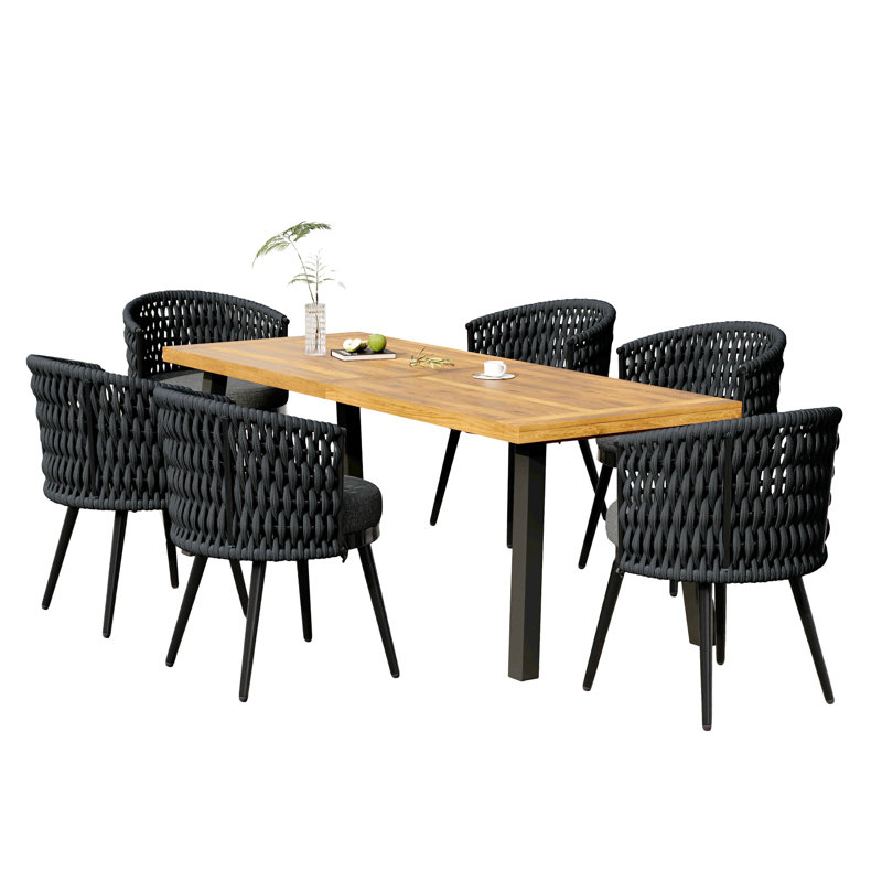 Ensemble de salle à manger confortable en bois d'acacia avec chaises élégantes en corde, parfait pour l'extérieur
