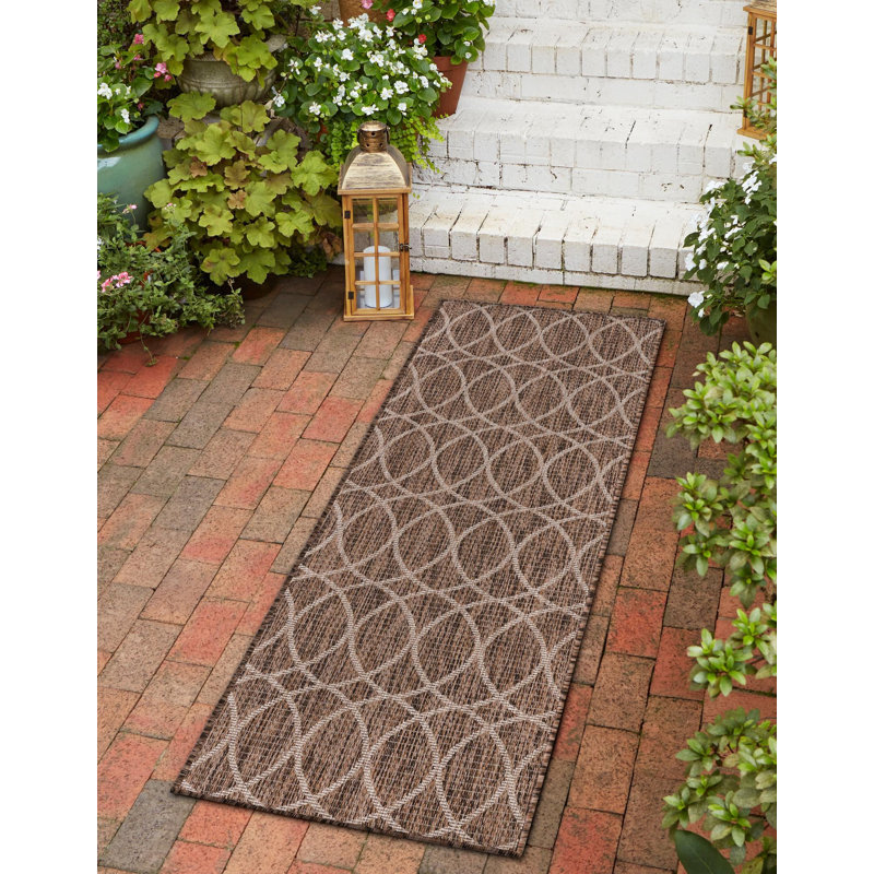 Tapis intérieur / extérieur géométrique brun, Tapis de couloir 2 pi 11 po x 10 pi