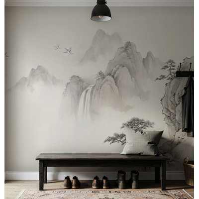 Murale de papier peint montagne et cascade minimaliste en ivoire