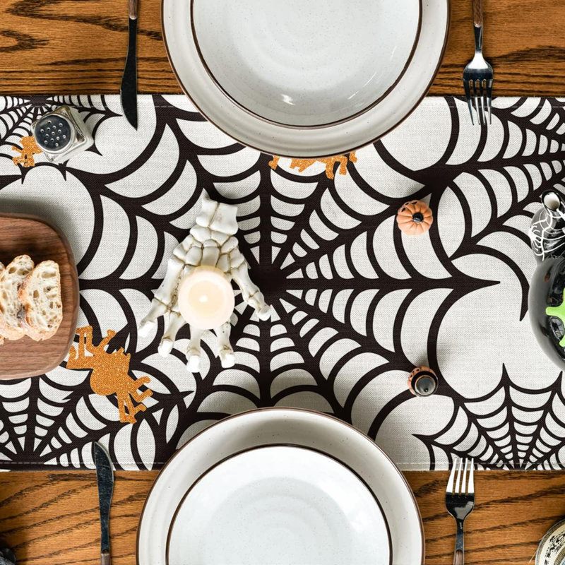 Spider Web Table Runner, Halloween Holiday Kitchen Dining Table Decoration For Indoor Outdoor Home Party Decor, 13" W x 36" L