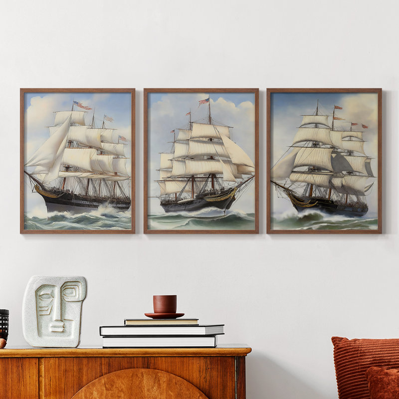 Série V Sea and Shore - Ensemble de 3 estampes numériques - Prêt à accrocher, Noyer, H 20 po x l 16 po