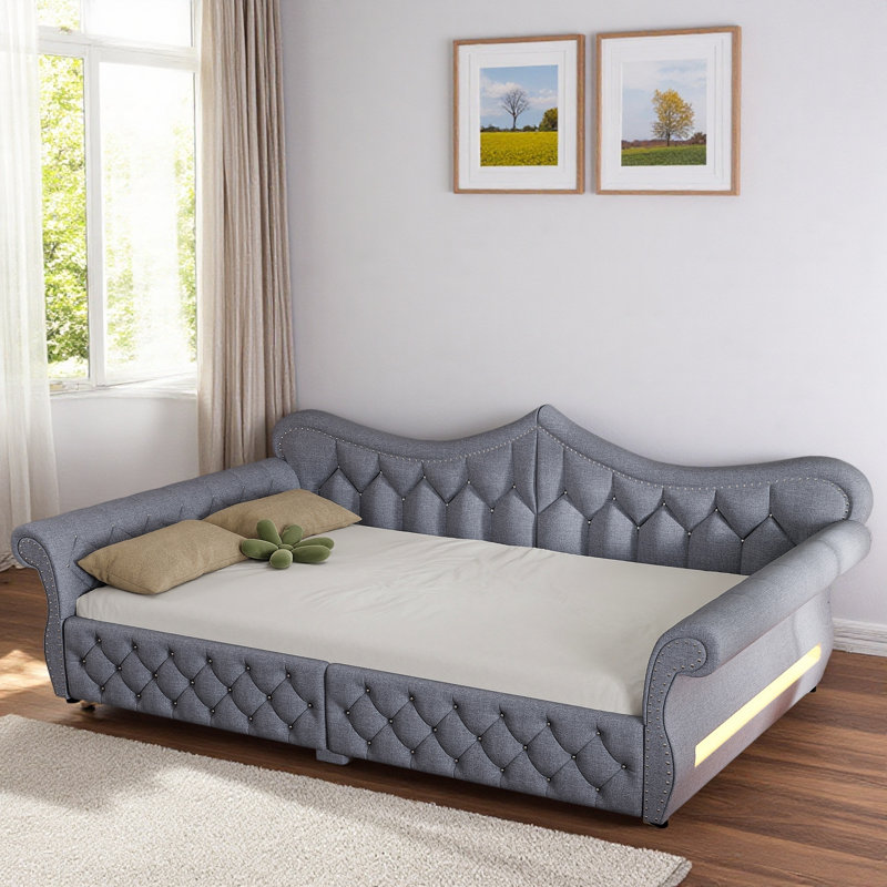 Lit de jour rembourré avec décoration à DEL et tête de clou, Gris