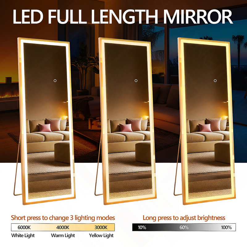 71X28 Inch Full Length Mirror With Lights, Full Body Dressing Standing, Hanging Mounted Mirror For Living Room Bedroom Cloakroom, Square White