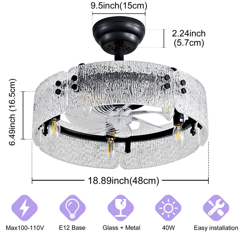 Ventilateur de plafond 18,89 "en acrylique texturé noir avec lumière - télécommande, pales réversibles pour cuisine et chambre à coucher modernes
