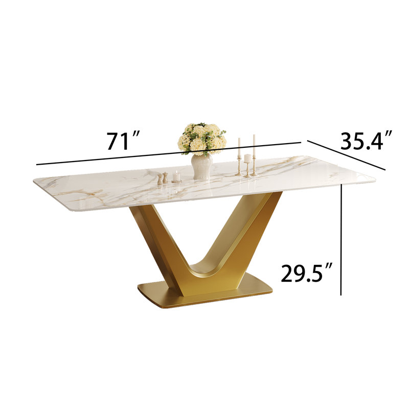 71'' Luxury Rectangular Dining Table - Faux Marble Top with Gold V-Shaped Carbon Steel Base, Contemporary Kitchen Table for Dining Room