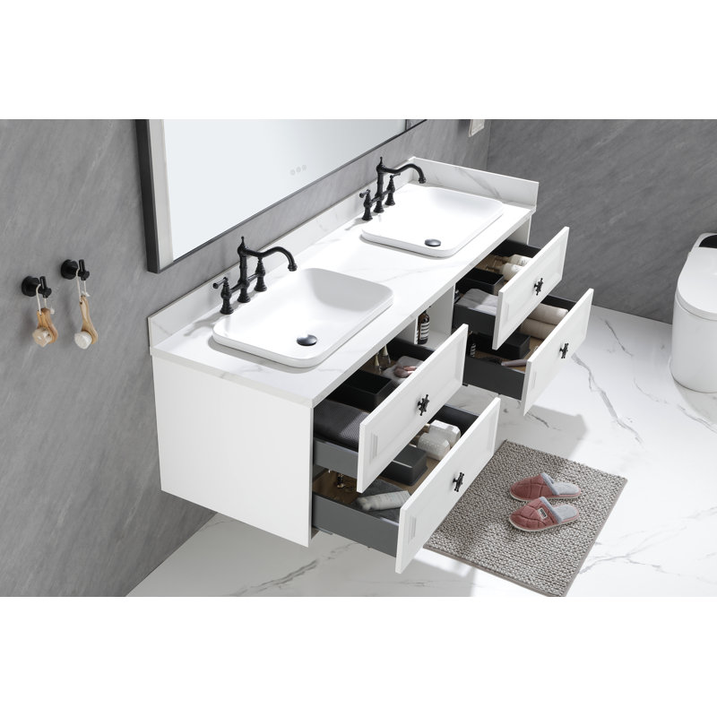 Base de meuble-lavabo mural 60 po avec double tiroir et fermeture en douceur