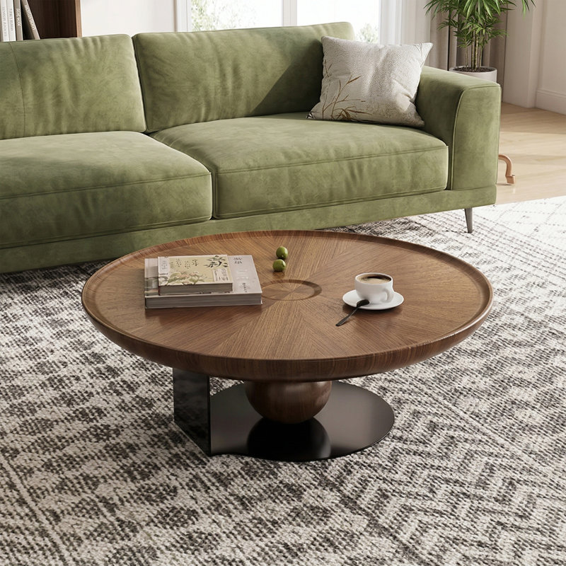 Table basse ronde de 39,37 po - Structure en acier au carbone avec plateau en placage de bois naturel, table d'appoint courbée moderne pour le salon