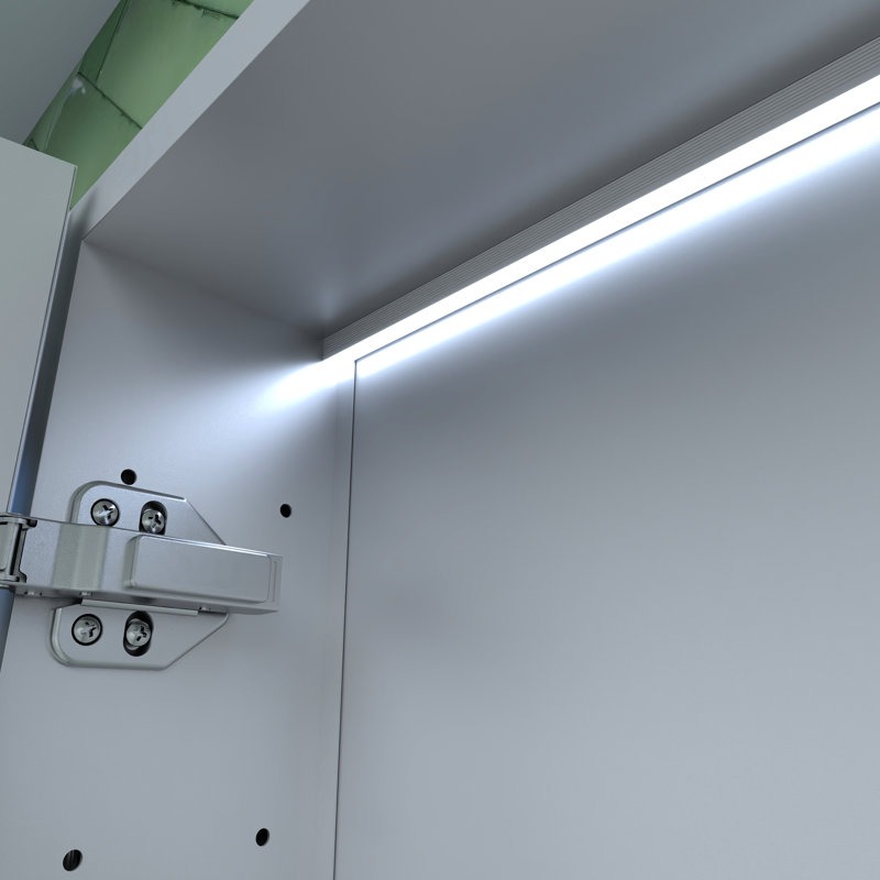 Rectangulaire 24 po Armoire à pharmacie gauche en aluminium argenté l 30 po x P 30 po, antirouille, conception biseautée, bandes à DEL haute densité, miroir antibrouillard, stations de charge trois lumières colorées, fonction