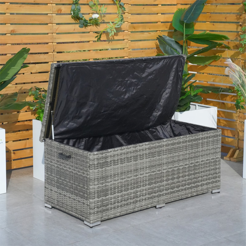 Large Outdoor Wicker Storage Box – Frame, Waterproof Liner, Dual Gas Lifts, Gray, 25.4" H x 61" W x 28.4" D