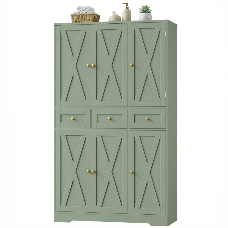 42.5″ W x 66.9″ H Freestanding Bathroom Cabinet With 6 Doors, Storage Wood Tall Cabinet With 3 Drawer, Green