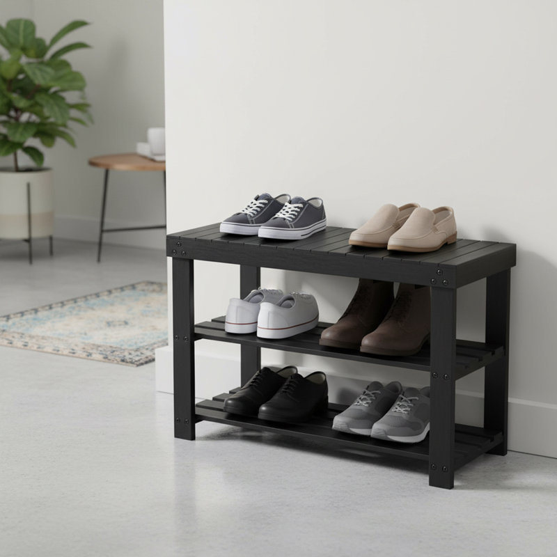 3 Tier Bamboo Shoe Rack Bench for Entryway, Hallway, Black