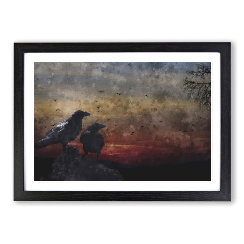 Crows at Sunset - Picture Frame Painting, 27cm H x 36cm W x 2cm D, Black Framed