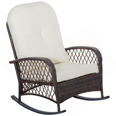 Outsunny Outdoor Wicker Rocking Chair With Wide Seat, Thick, Soft Cushion, Rattan Rocker W/Steel Frame, High Weight Capacity For Patio, Garden, Backya