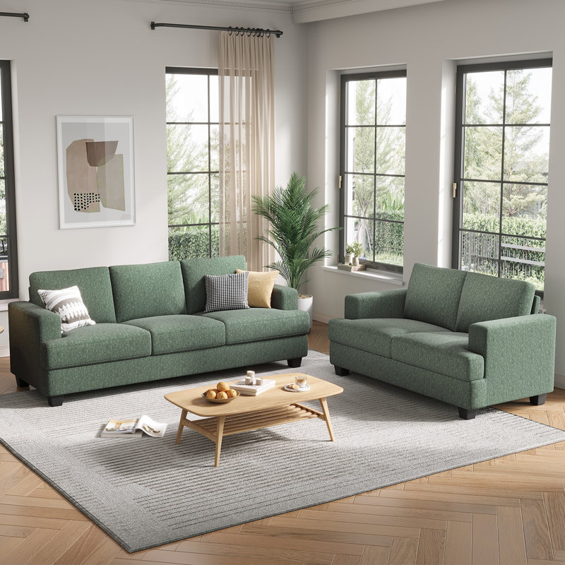 Ensemble de canapé rembourré en lin 2 pièces, ensemble de canapé à accoudoirs carrés classiques avec assise profonde