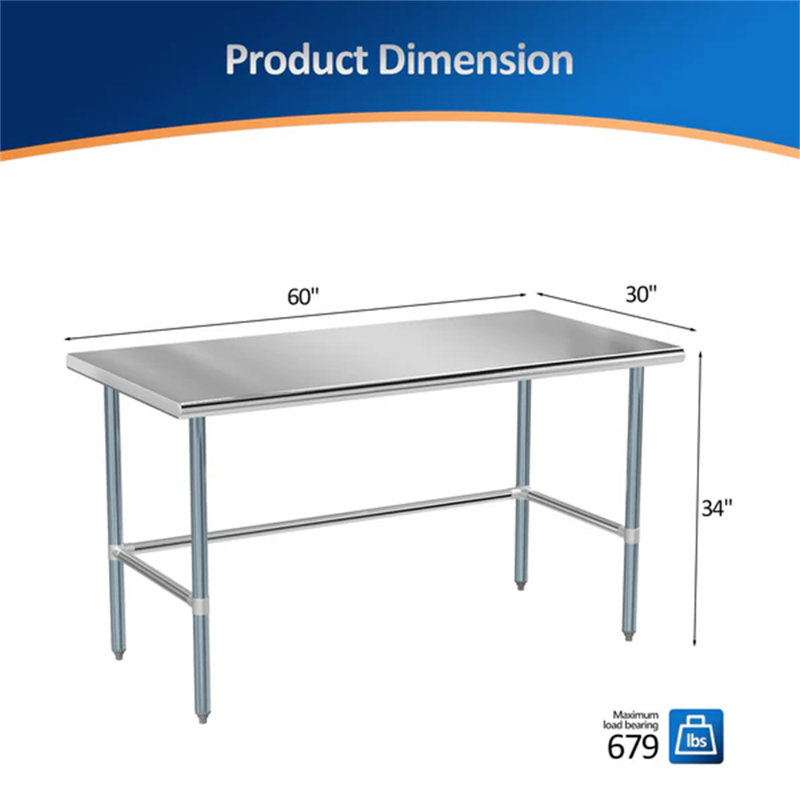 Table ouverte en acier inoxydable, H 34 po x l 60 po x P 30 po