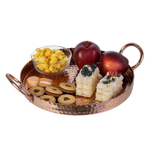 MyGift 12 Inch Copper Tone Metal Round Display Tray with Handcrafted Hammered Design