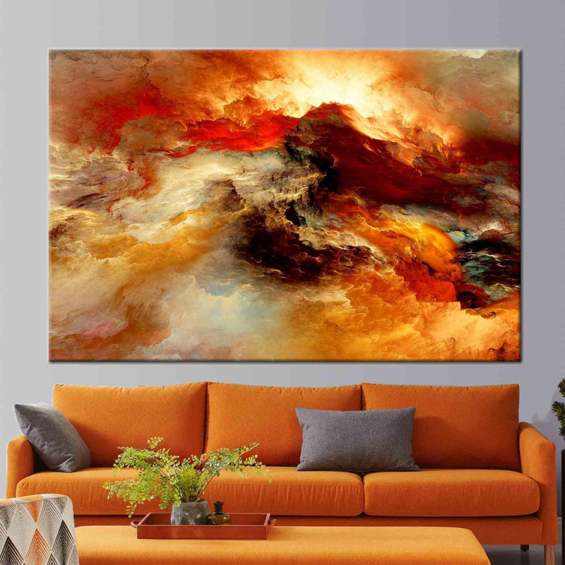 Yellow Abstract Cloud Artwork Printed On Canvas With Autumn Colors For A Contemporary Home Decor Touch, Wrapped Canvas