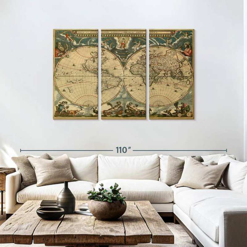 Carte du monde Aliaz des années 1600, H 48 po x l 74 po